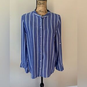 BLACK TAPE ladies, VINTAGE 100% rayon Ladies blue/white striped shirt size m-L?